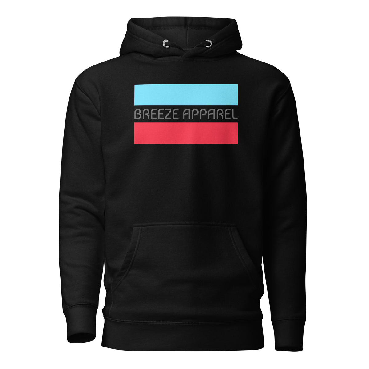 Black hoodie with graphic of gray lettering between horizontal light-blue and red lines.