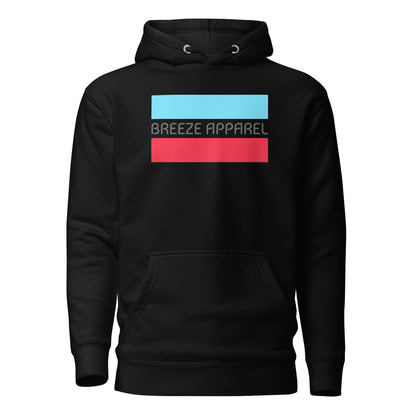 Black hoodie with graphic of gray lettering between horizontal light-blue and red lines.