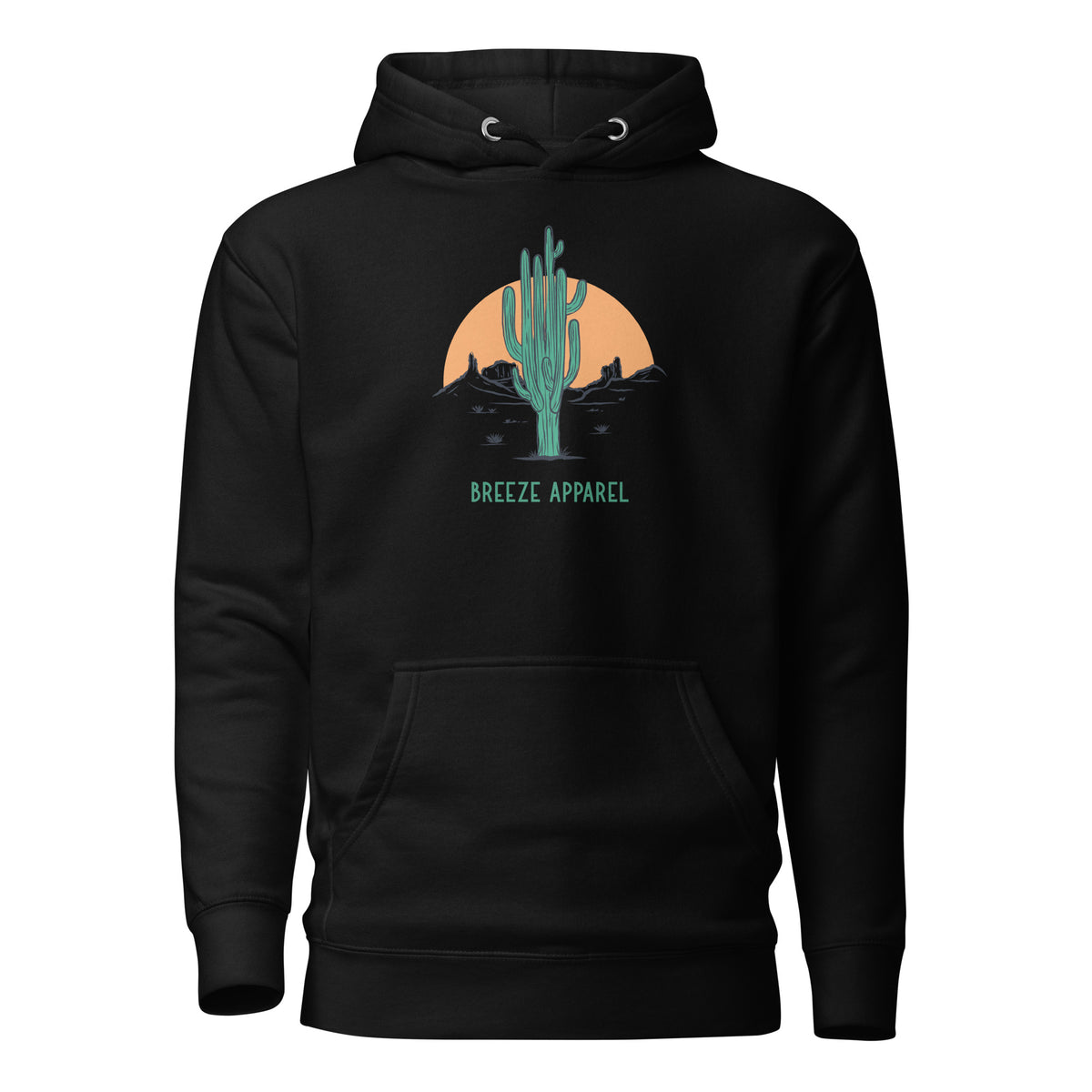 Black hoodie with graphic of cactus and sunset.