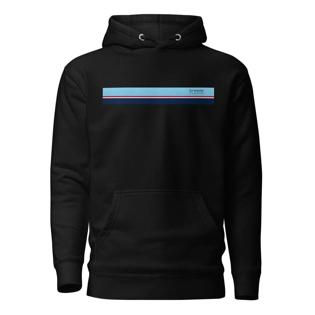 Black hoodie with light-blue, red, white, and navy stripe across chest.