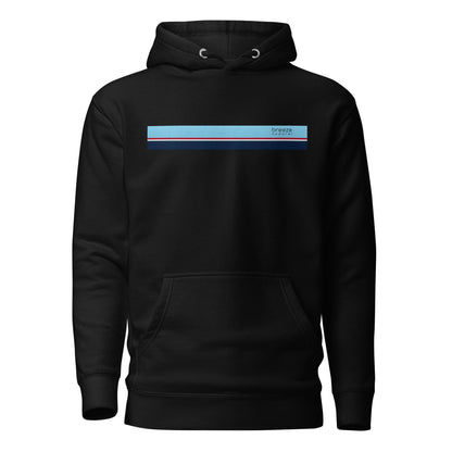 Black hoodie with light-blue, red, white, and navy stripe across chest.