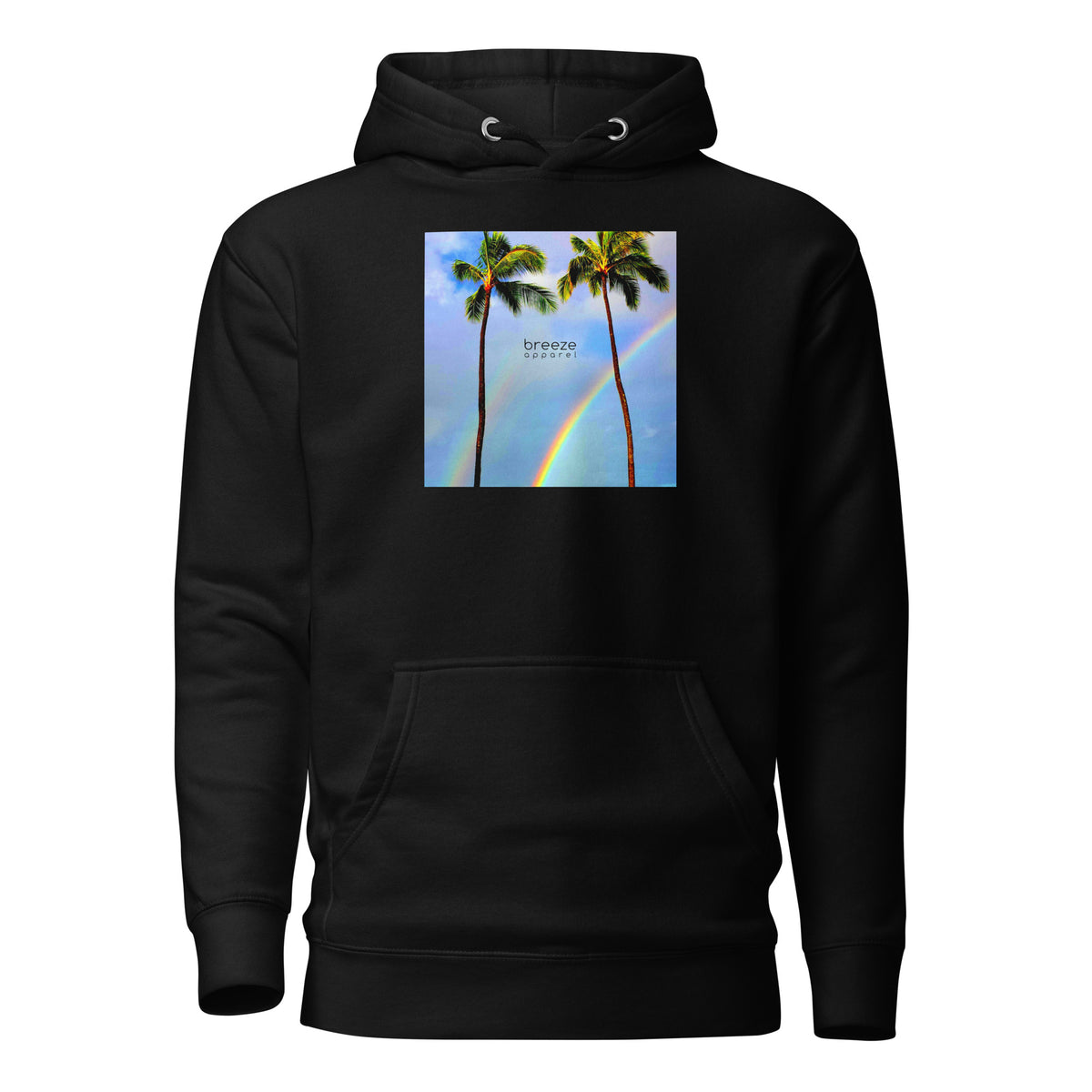Black hoodie with graphic of palm trees with rainbows in the background.