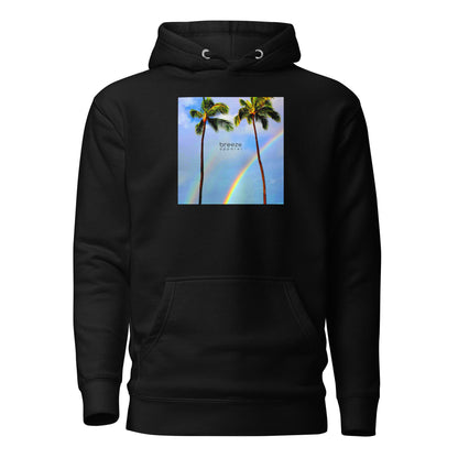 Black hoodie with graphic of palm trees with rainbows in the background.