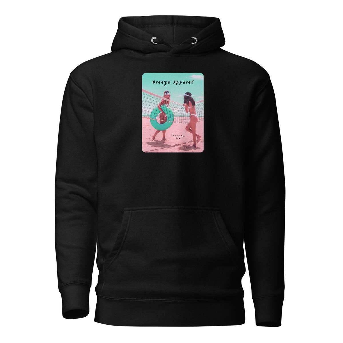 Black hoodie with graphic of two women in bikinis on beach.