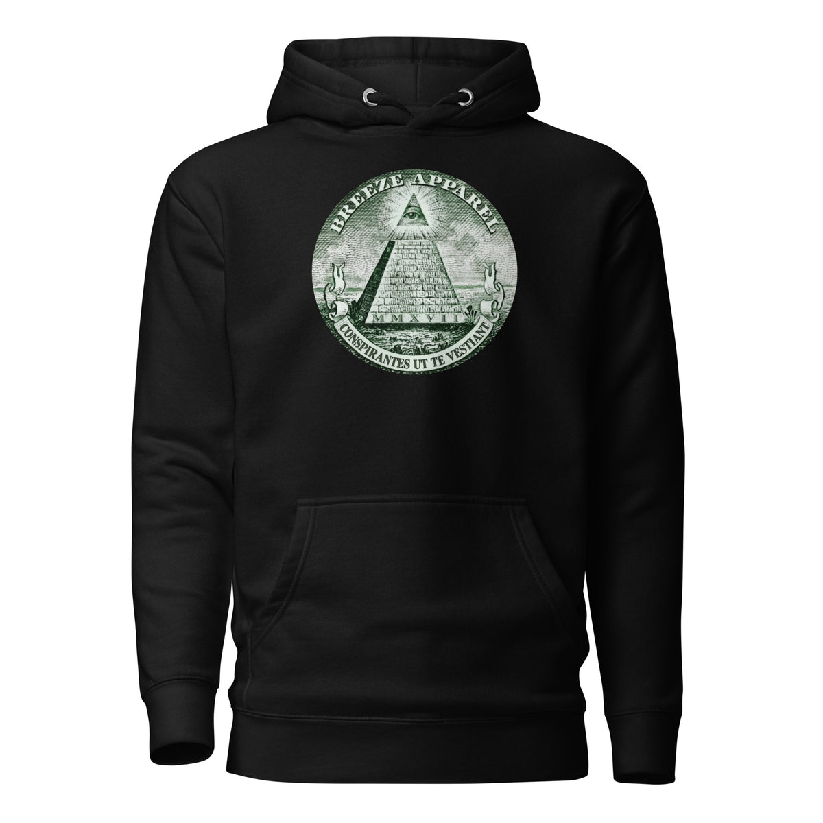 Black hoodie with graphic resembling pyramid on US one-dollar bill.