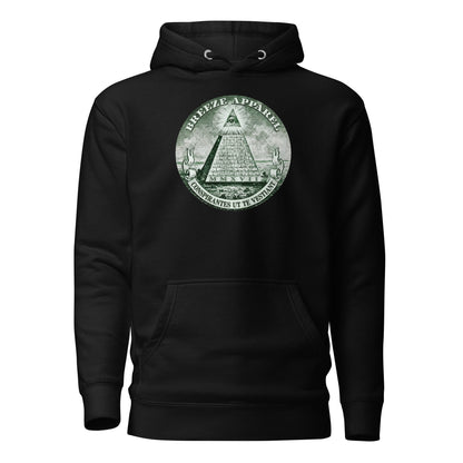 Black hoodie with graphic resembling pyramid on US one-dollar bill.