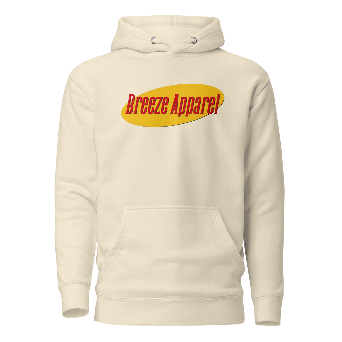 Cream hoodie with graphic of red lettering set over a yellow oval.