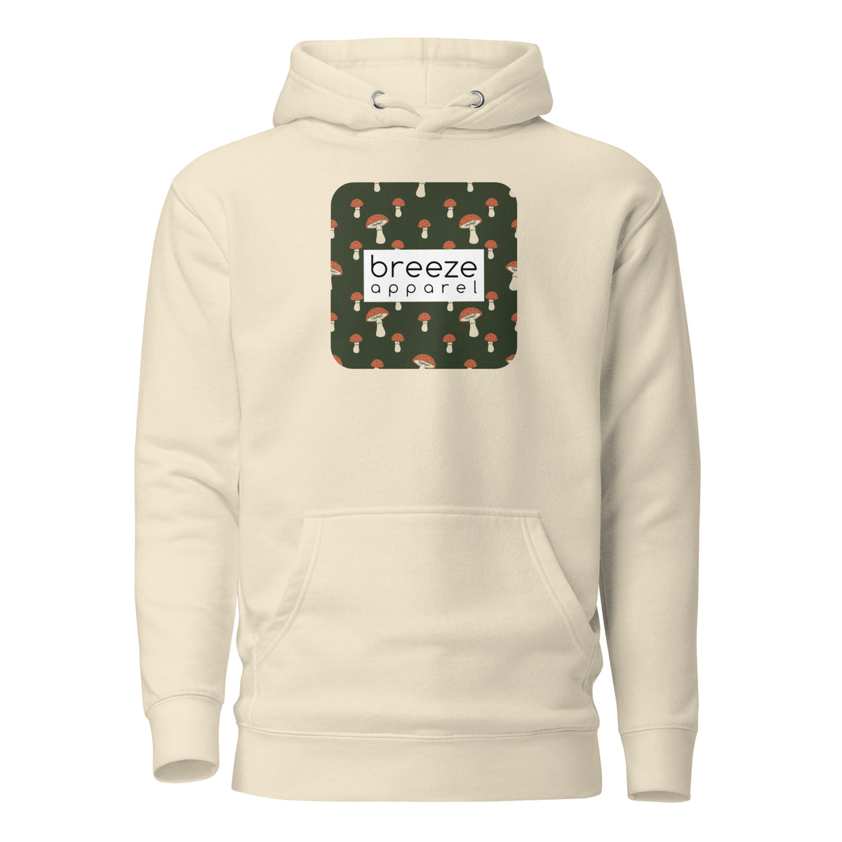 Beige hoodie with graphic of mushrooms set on a green background and overlaid with a white, rectangular logo.