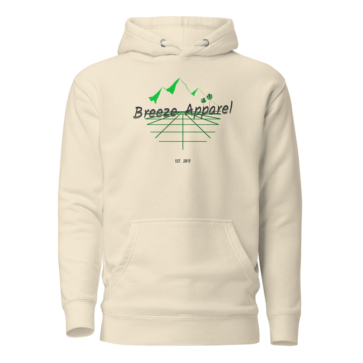 Beige hoodie with graphic consisting of mountains, palm trees, and black lettering.