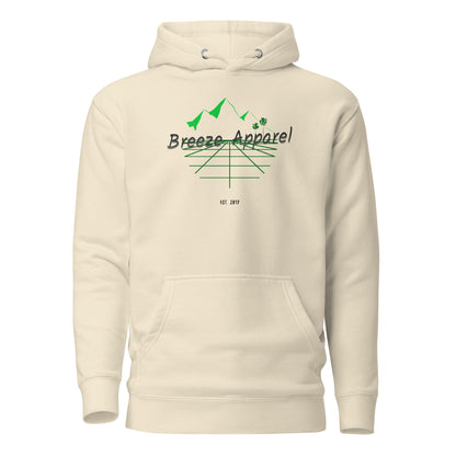 Beige hoodie with graphic consisting of mountains, palm trees, and black lettering.