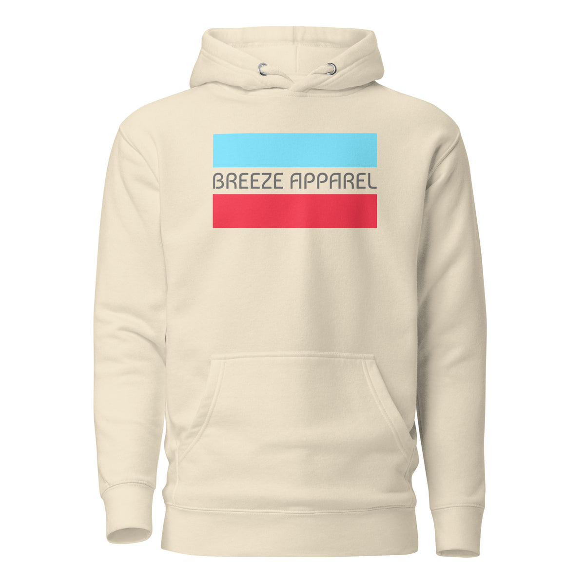 Beige hoodie with graphic of gray lettering between horizontal light-blue and red lines.