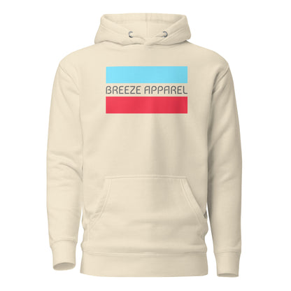 Beige hoodie with graphic of gray lettering between horizontal light-blue and red lines.