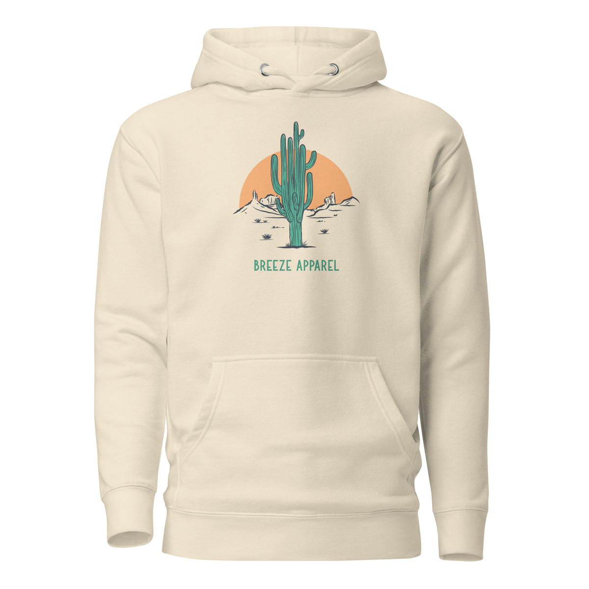 Beige hoodie with graphic of cactus and sunset.