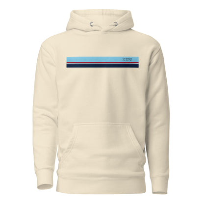 Beige hoodie with light-blue, red, white, and navy stripe across chest.