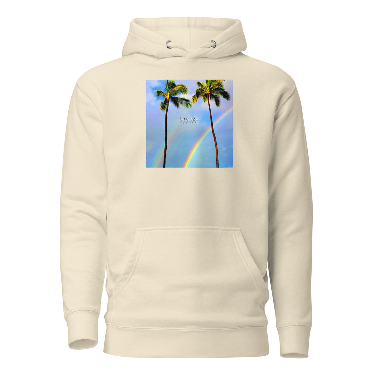 Beige hoodie with graphic of palm trees with rainbows in the background.