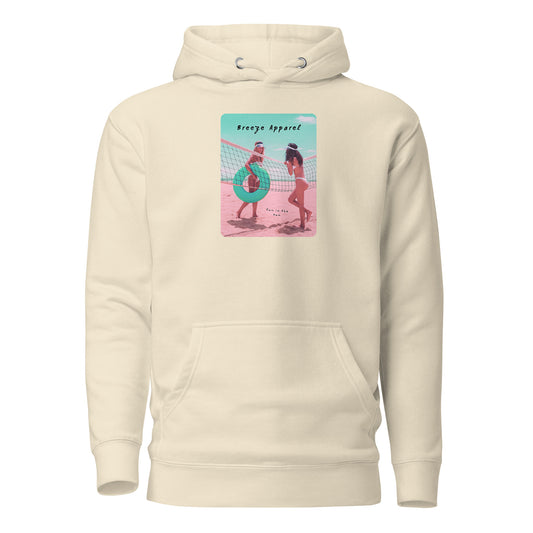 Beige hoodie with graphic of two women in bikinis on beach.