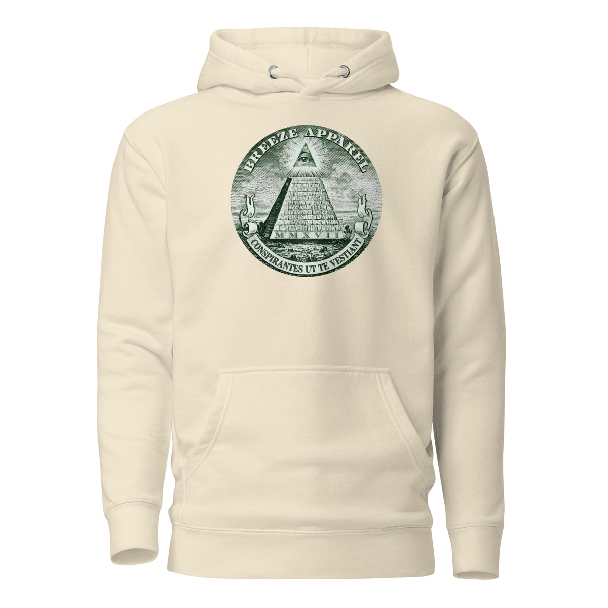 Beige hoodie with graphic resembling pyramid on US one-dollar bill.