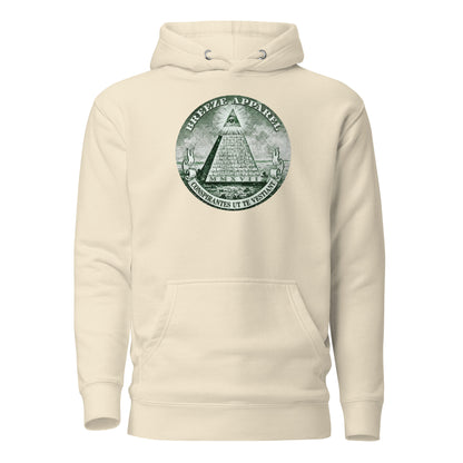 Beige hoodie with graphic resembling pyramid on US one-dollar bill.