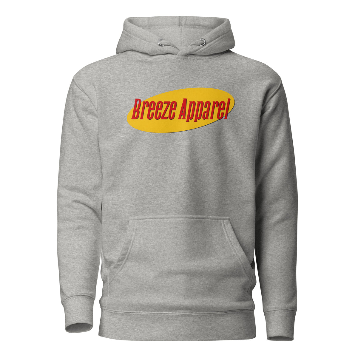 Gray hoodie with graphic of red lettering set over a yellow oval.