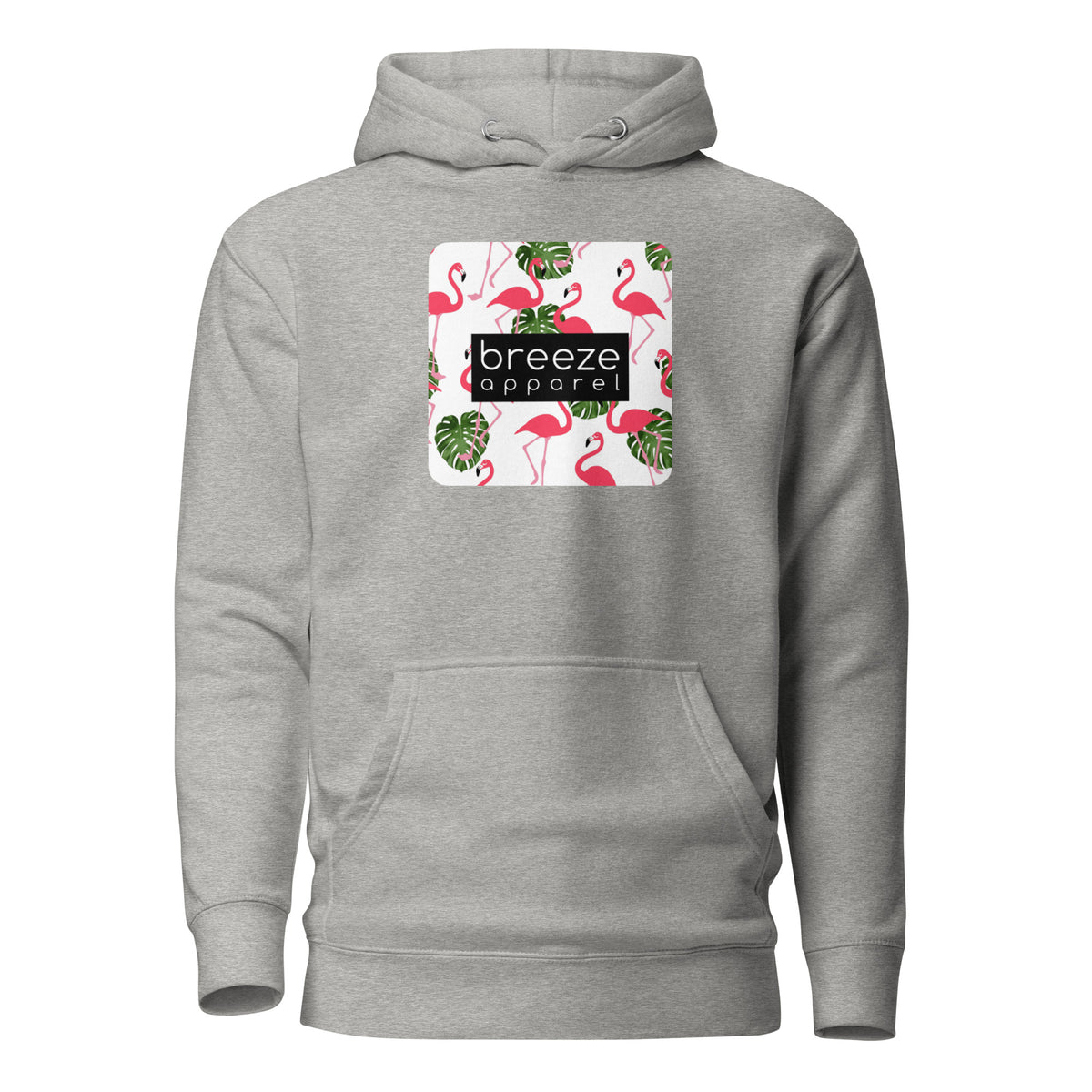 Gray hoodie with graphic of flamingos and green palm leaves set on a white background and overlaid with a black, rectangular logo.