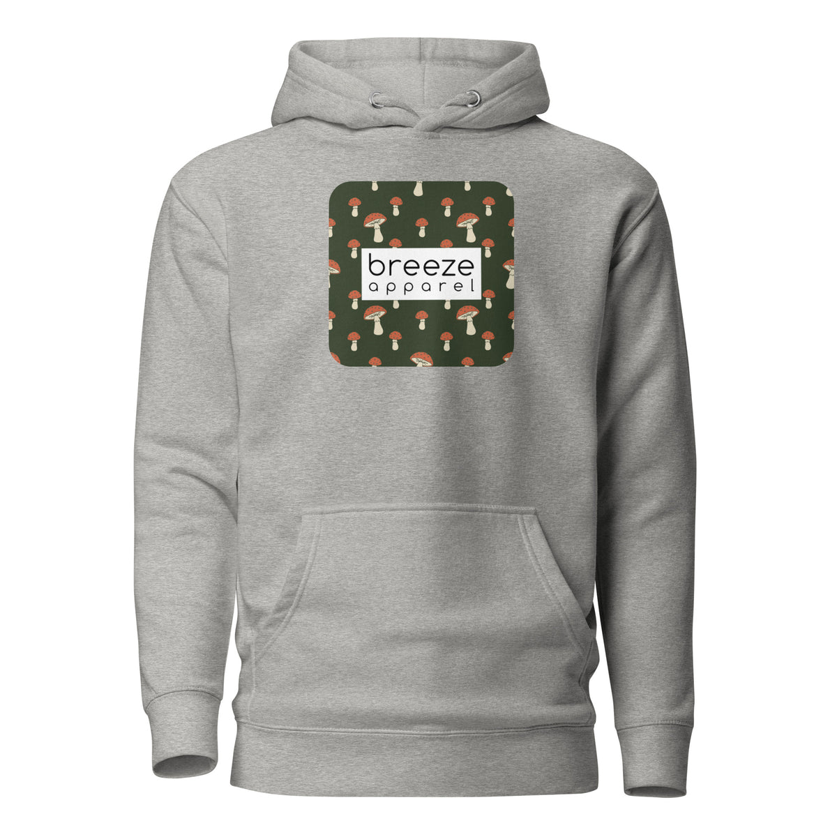 Gray hoodie with graphic of mushrooms set on a green background and overlaid with a white, rectangular logo.