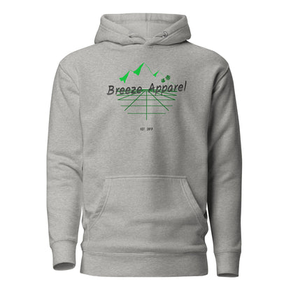 Gray hoodie with graphic consisting of mountains, palm trees, and black lettering.
