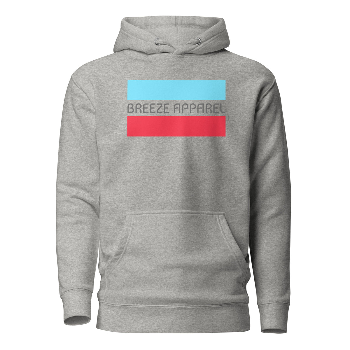 Gray hoodie with graphic of gray lettering between horizontal light-blue and red lines.