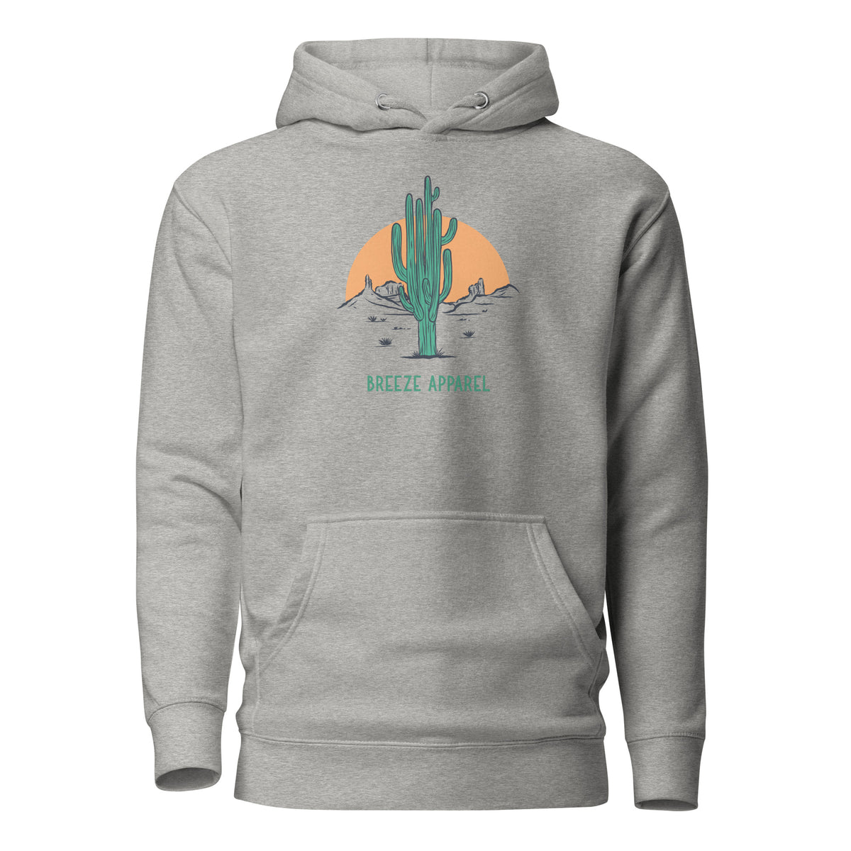 Gray hoodie with graphic of cactus and sunset.