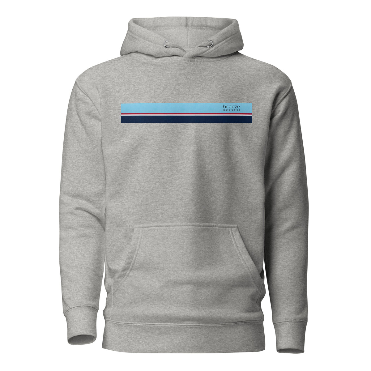 Gray hoodie with light-blue, red, white, and navy stripe across chest.