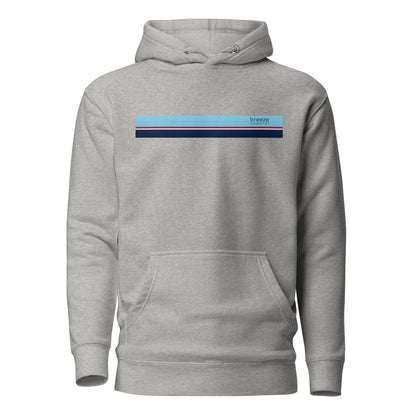 Gray hoodie with light-blue, red, white, and navy stripe across chest.