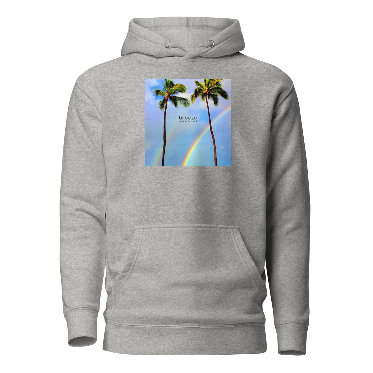 Gray hoodie with graphic of palm trees with rainbows in the background.