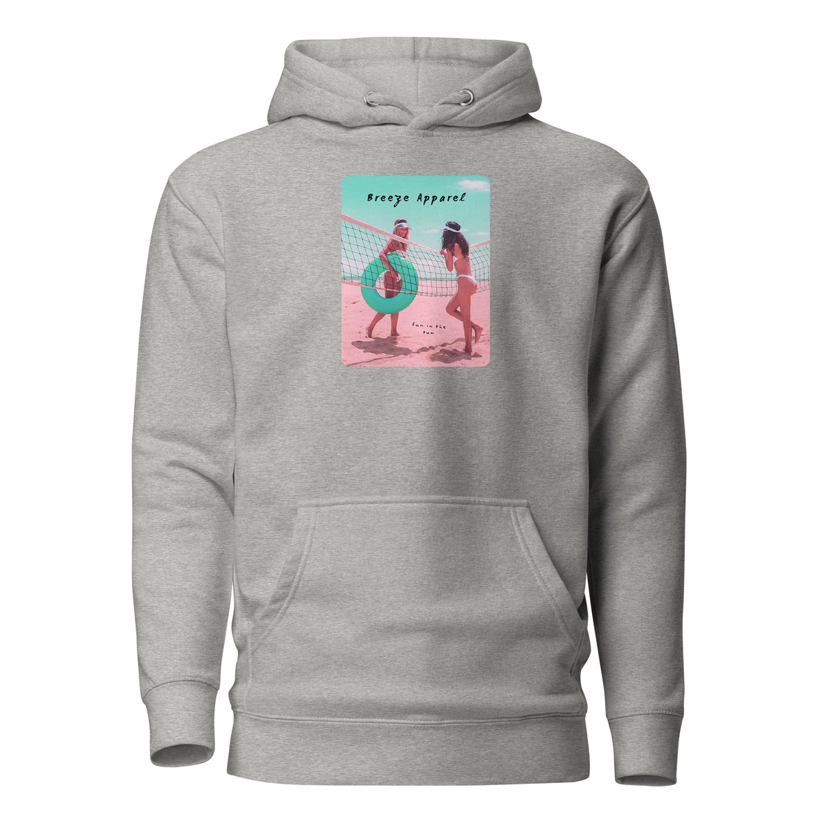 Gray hoodie with graphic of two women in bikinis on beach.