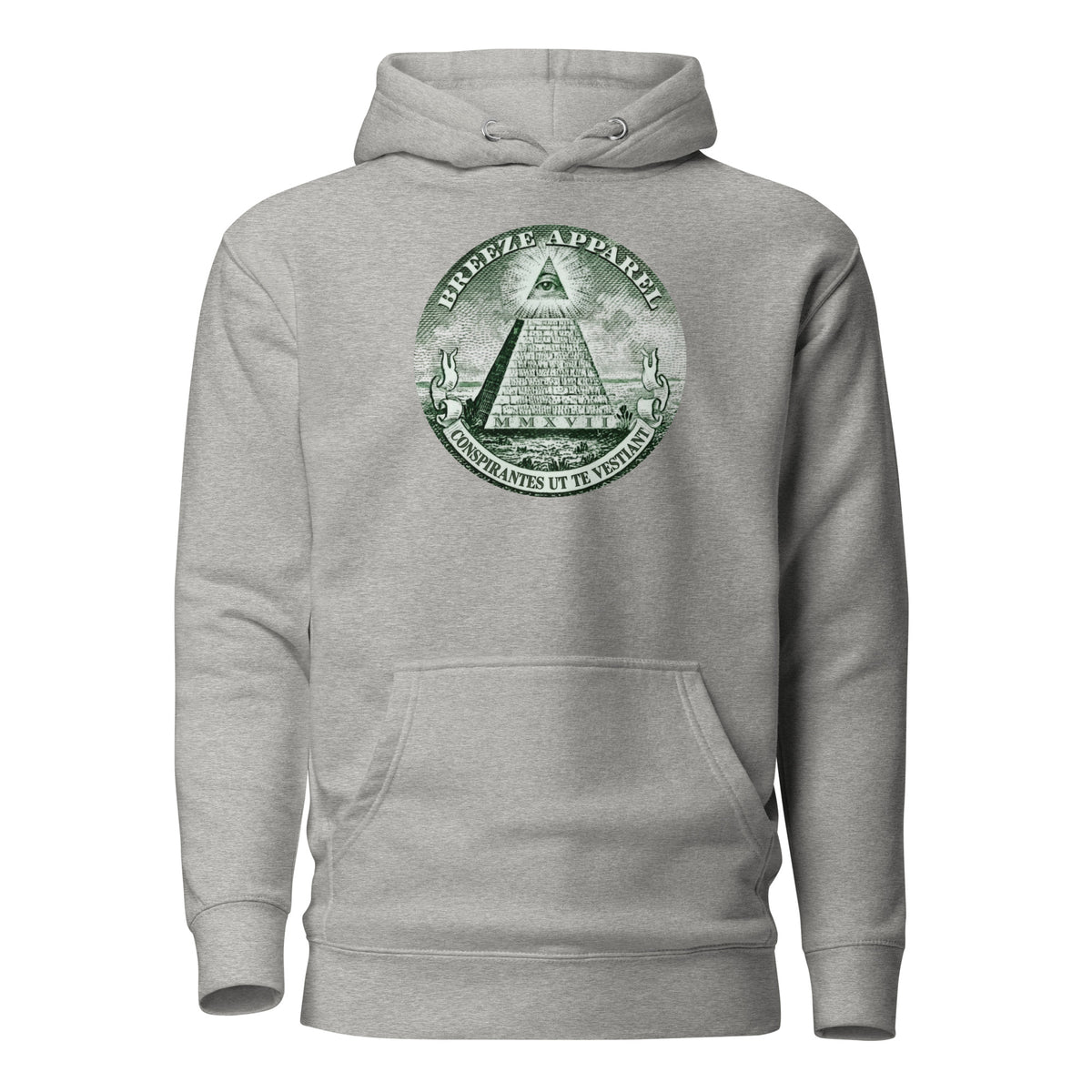 Gray hoodie with graphic resembling pyramid on US one-dollar bill.