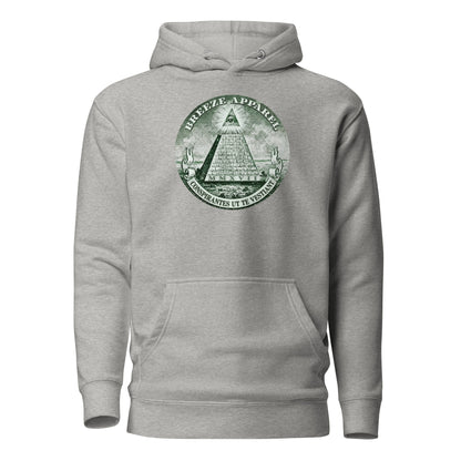Gray hoodie with graphic resembling pyramid on US one-dollar bill.