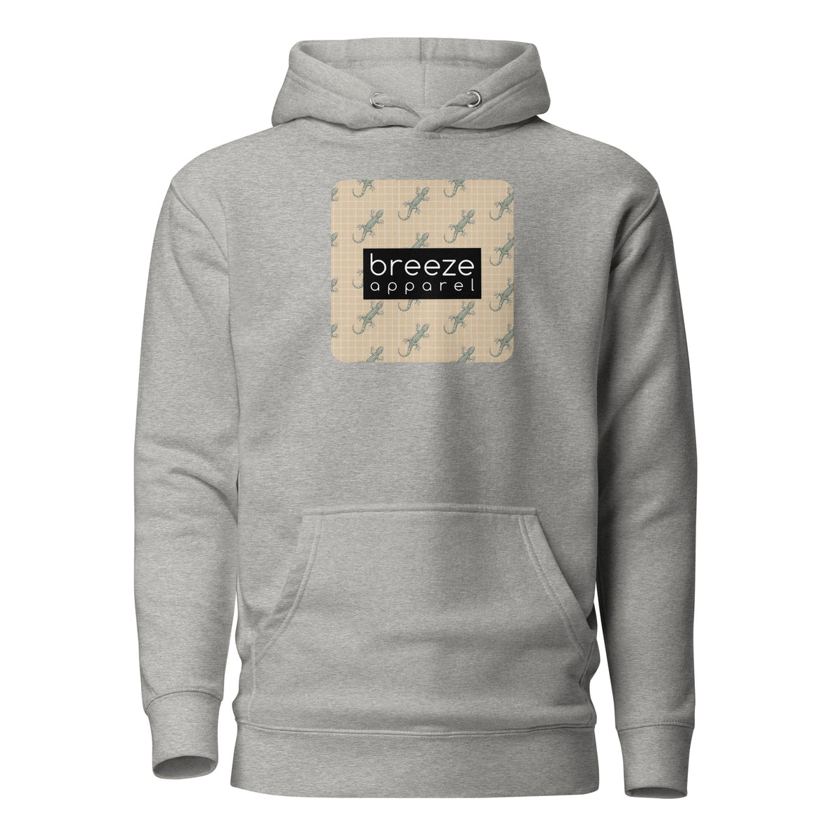 Gray hoodie with square over chest that contains pattern of green geckos set on beige background, overlaid with black, rectangular logo with white lettering.