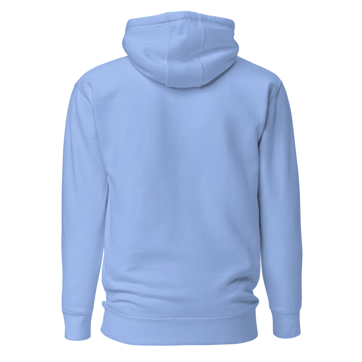 Plain back of blue hoodie.