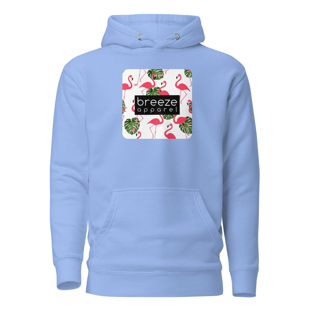 Blue hoodie with graphic of flamingos and green palm leaves set on a white background and overlaid with a black, rectangular logo.