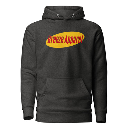 Gray hoodie with graphic of red lettering set over a yellow oval.