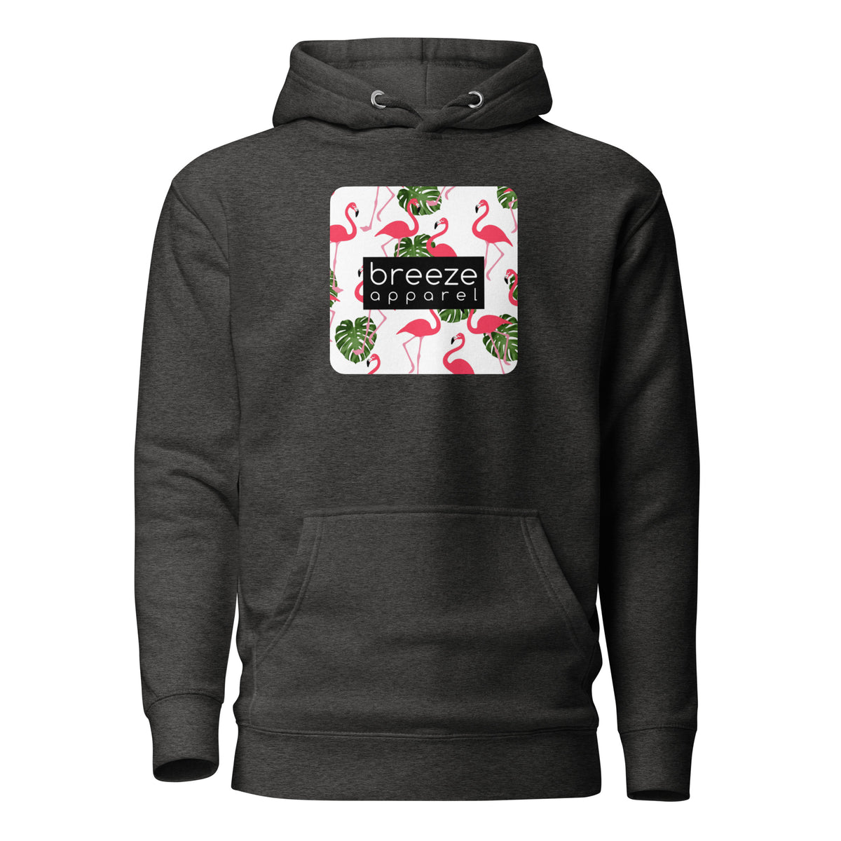 Gray hoodie with graphic of flamingos and green palm leaves set on a white background and overlaid with a black, rectangular logo.