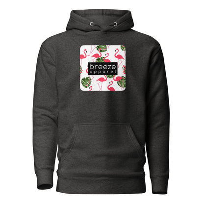 Gray hoodie with graphic of flamingos and green palm leaves set on a white background and overlaid with a black, rectangular logo.