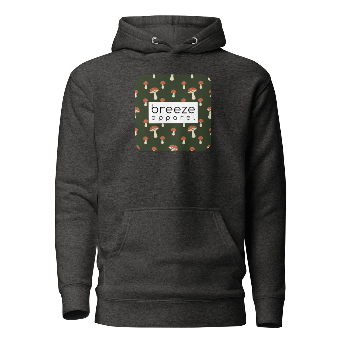 Gray hoodie with graphic of mushrooms set on a green background and overlaid with a white, rectangular logo.