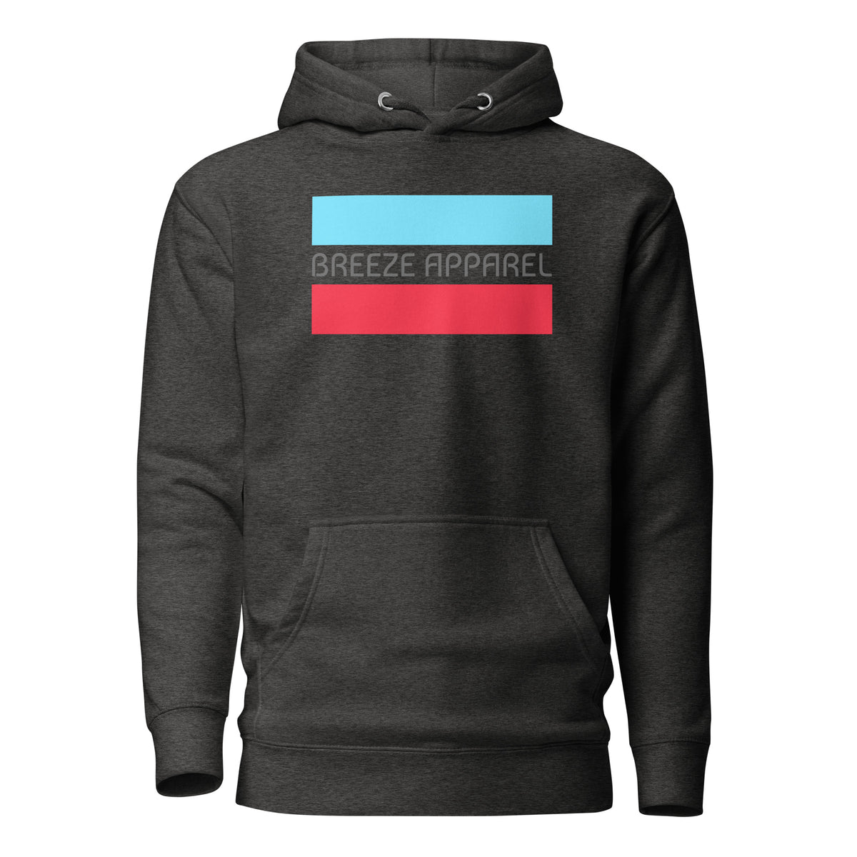 Gray hoodie with graphic of gray lettering between horizontal light-blue and red lines.