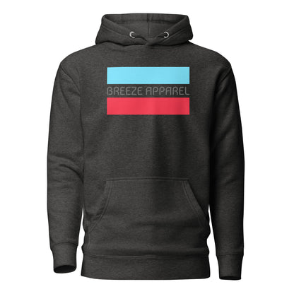 Gray hoodie with graphic of gray lettering between horizontal light-blue and red lines.