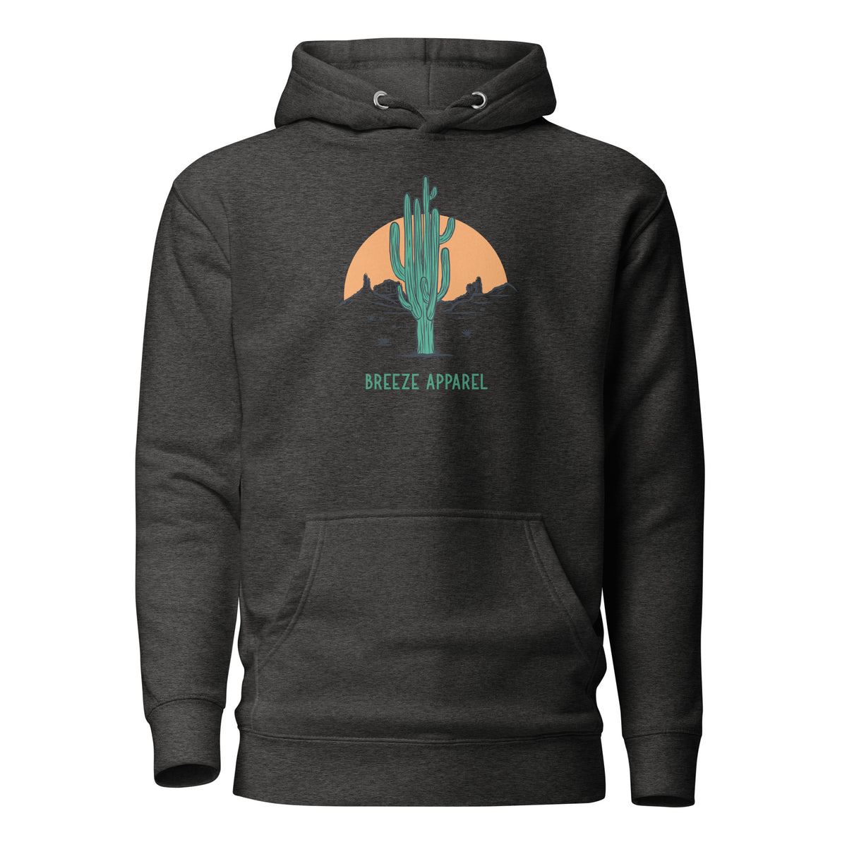 Gray hoodie with graphic of cactus and sunset.