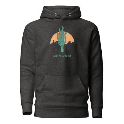 Gray hoodie with graphic of cactus and sunset.