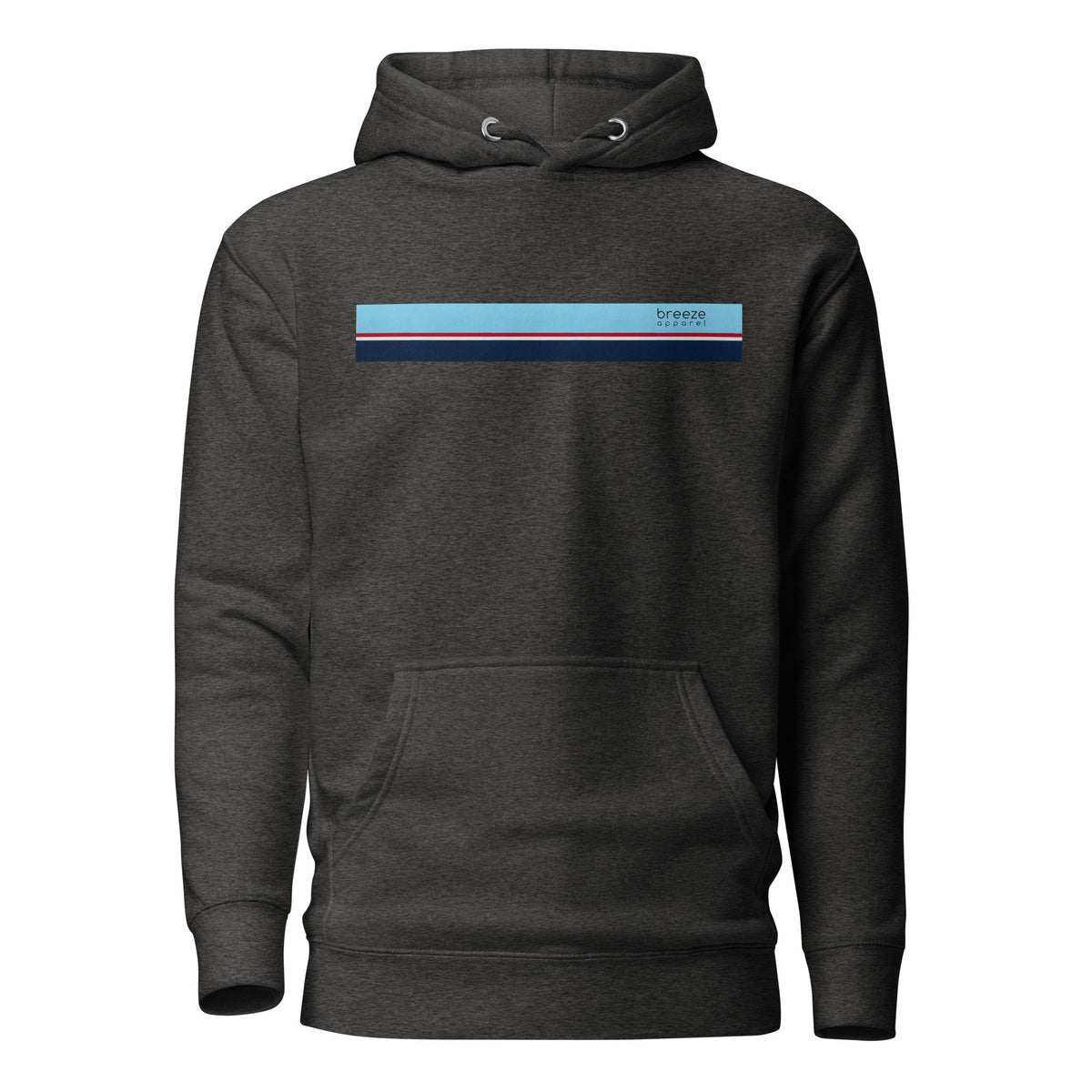 Gray hoodie with light-blue, red, white, and navy stripe across chest.