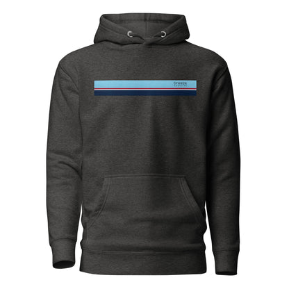 Gray hoodie with light-blue, red, white, and navy stripe across chest.