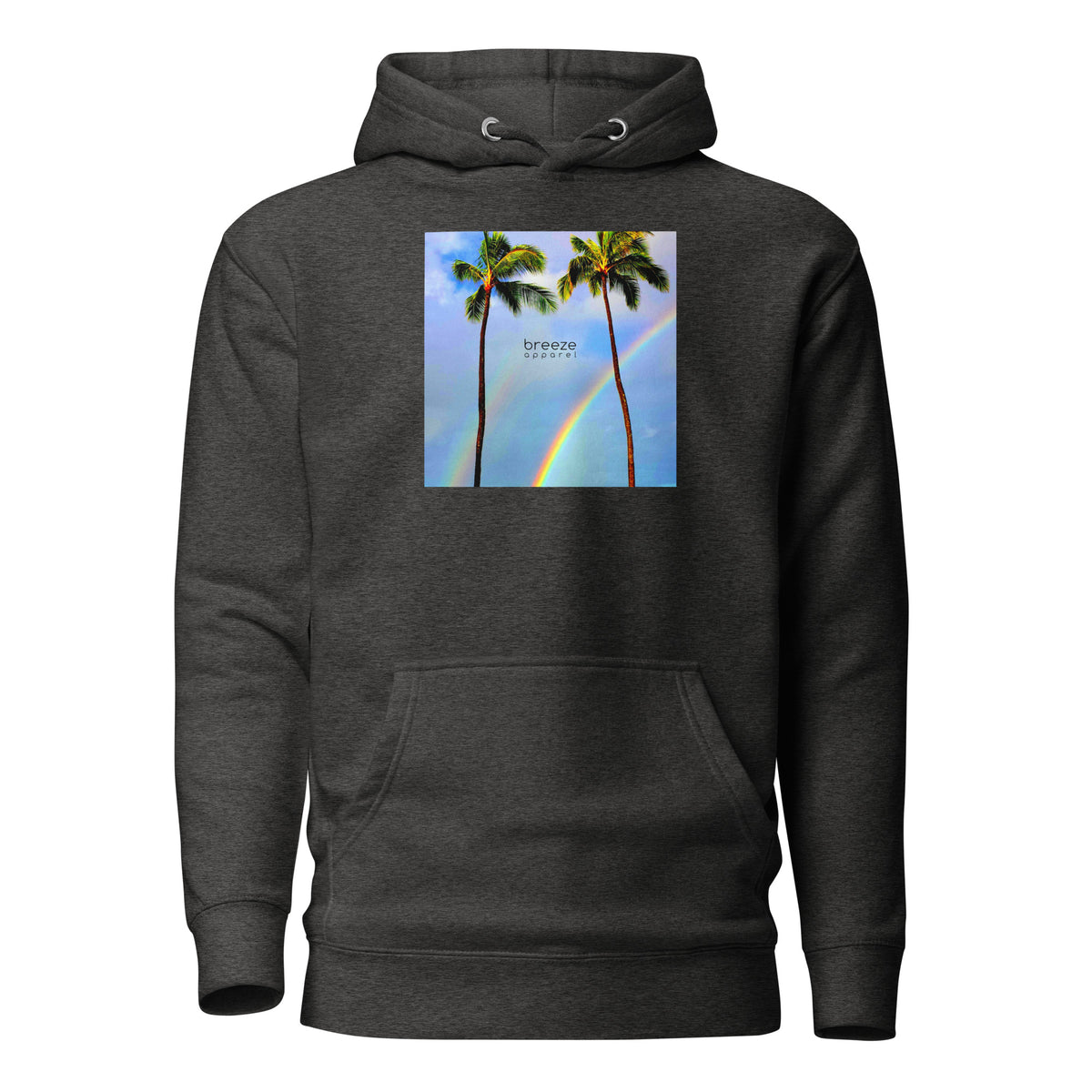 Gray hoodie with graphic of palm trees with rainbows in the background.