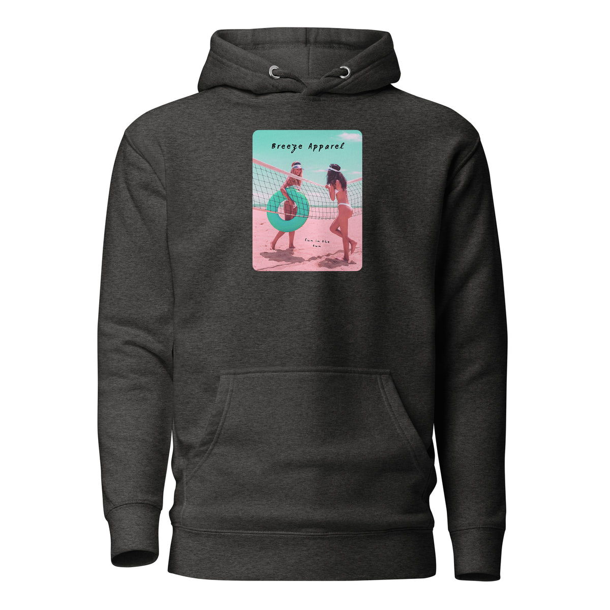 Navy hoodie with graphic of two women in bikinis on beach.