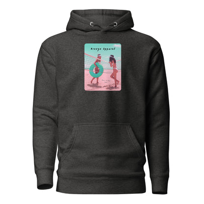 Navy hoodie with graphic of two women in bikinis on beach.